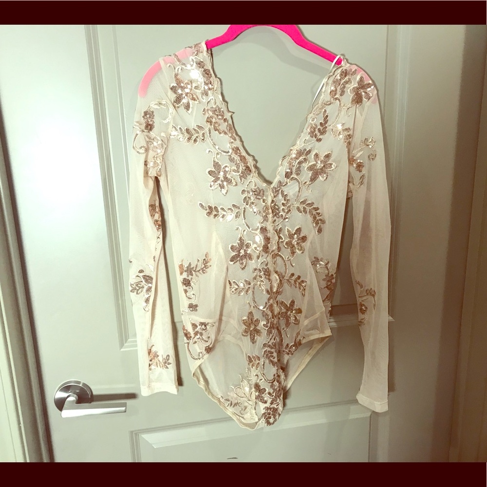 Cream sheer bodysuit with sequin embellishments